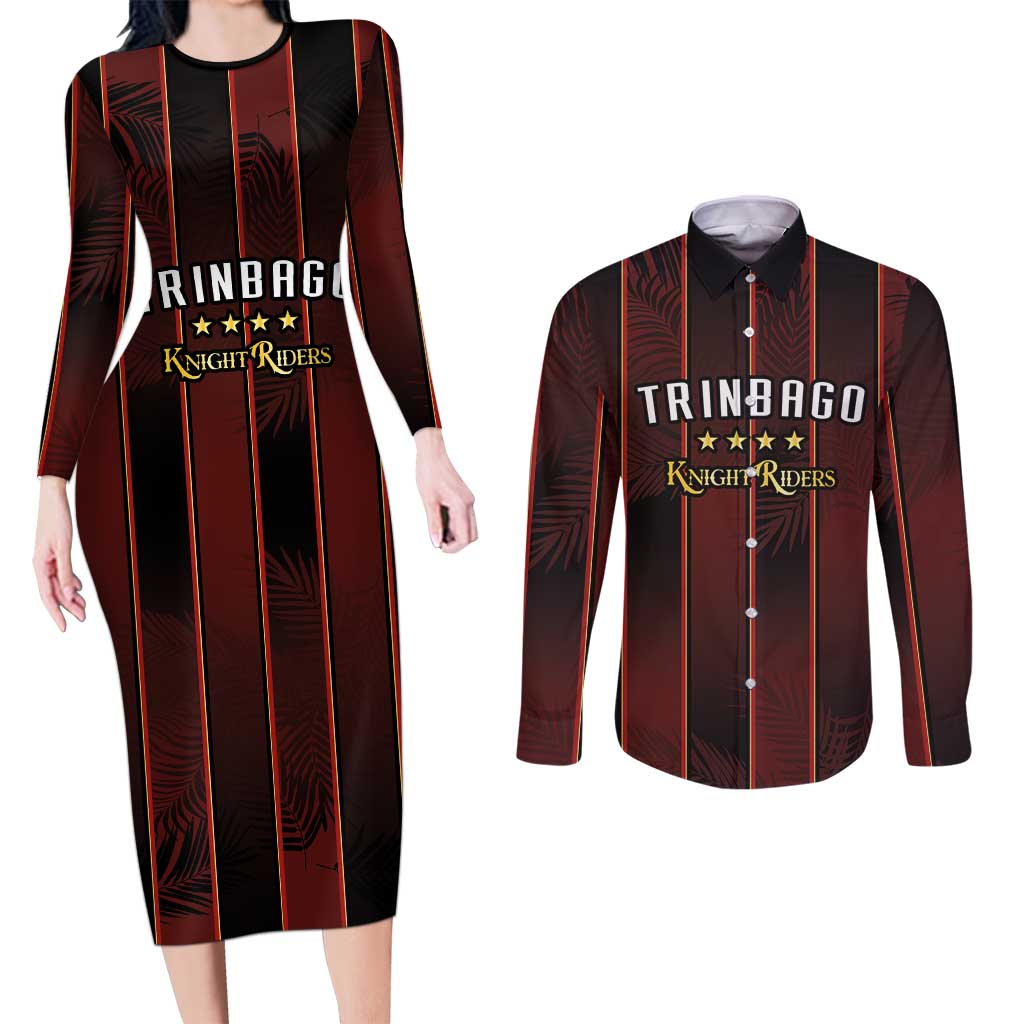 Custom Trinbago Cricket Knight Riders Couples Matching Long Sleeve Bodycon Dress and Long Sleeve Button Shirt Palm Leaves with Vertical Stripes Sporty Style - Wonder Print Shop