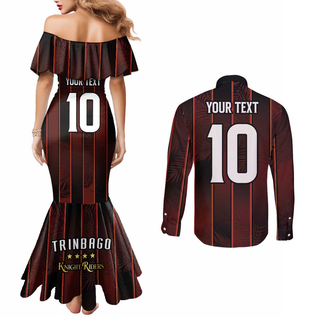 Custom Trinbago Cricket Knight Riders Couples Matching Mermaid Dress and Long Sleeve Button Shirt Palm Leaves with Vertical Stripes Sporty Style - Wonder Print Shop