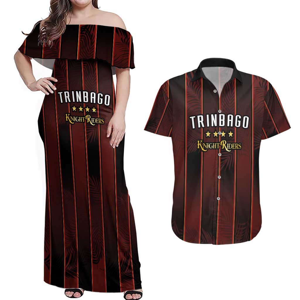 Custom Trinbago Cricket Knight Riders Couples Matching Off Shoulder Maxi Dress and Hawaiian Shirt Palm Leaves with Vertical Stripes Sporty Style - Wonder Print Shop