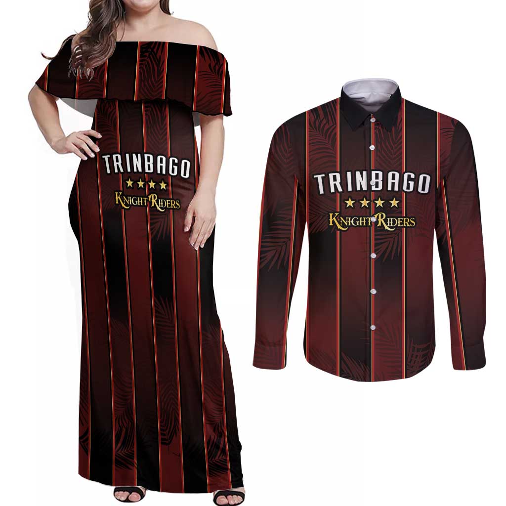 Custom Trinbago Cricket Knight Riders Couples Matching Off Shoulder Maxi Dress and Long Sleeve Button Shirt Palm Leaves with Vertical Stripes Sporty Style - Wonder Print Shop