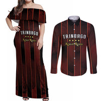 Custom Trinbago Cricket Knight Riders Couples Matching Off Shoulder Maxi Dress and Long Sleeve Button Shirt Palm Leaves with Vertical Stripes Sporty Style - Wonder Print Shop