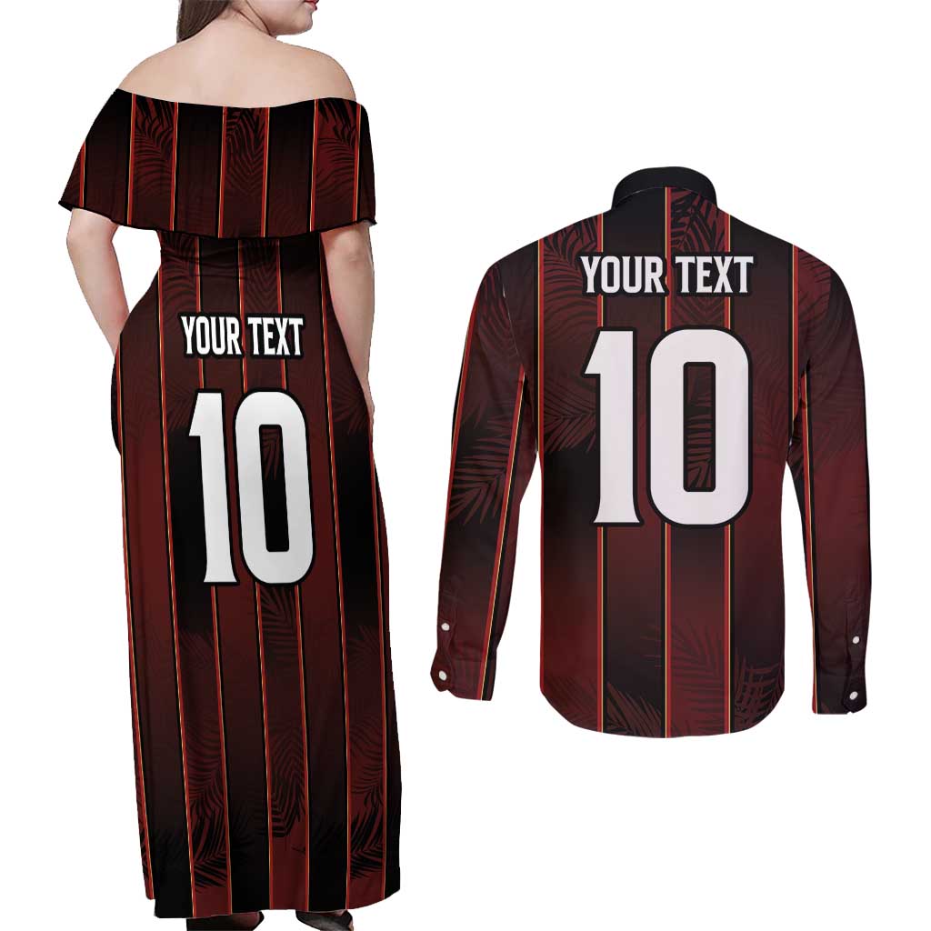 Custom Trinbago Cricket Knight Riders Couples Matching Off Shoulder Maxi Dress and Long Sleeve Button Shirt Palm Leaves with Vertical Stripes Sporty Style - Wonder Print Shop