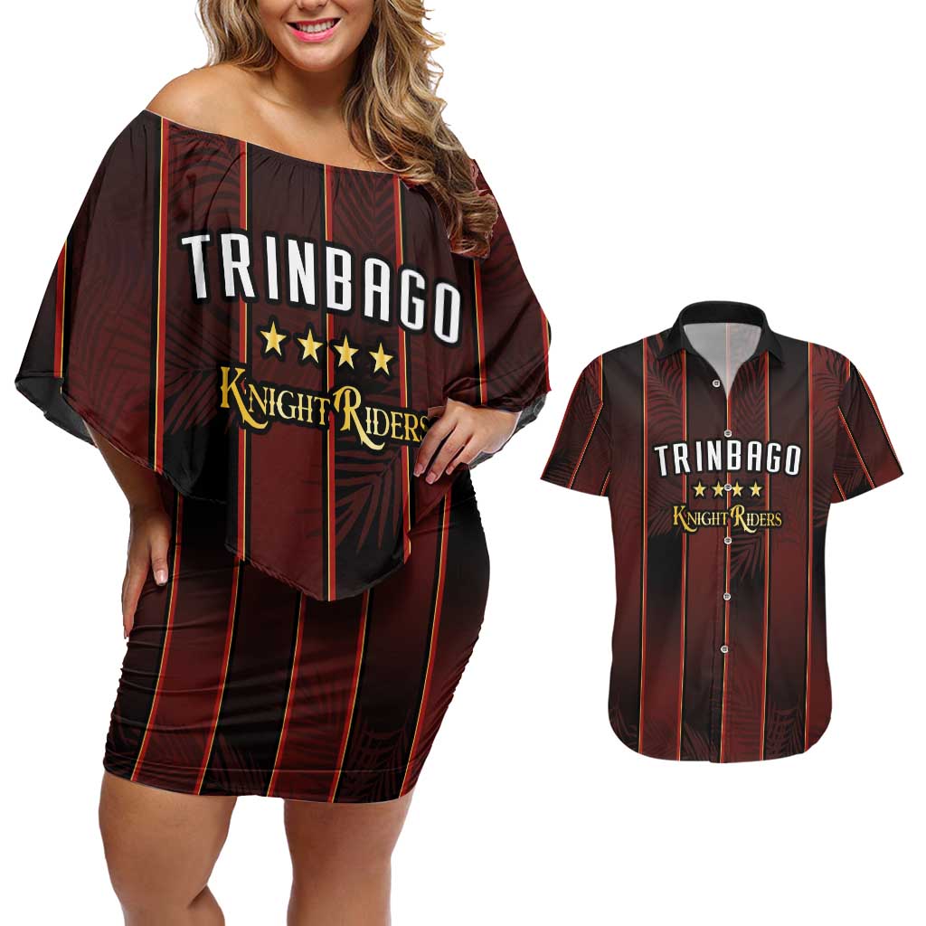 Custom Trinbago Cricket Knight Riders Couples Matching Off Shoulder Short Dress and Hawaiian Shirt Palm Leaves with Vertical Stripes Sporty Style - Wonder Print Shop