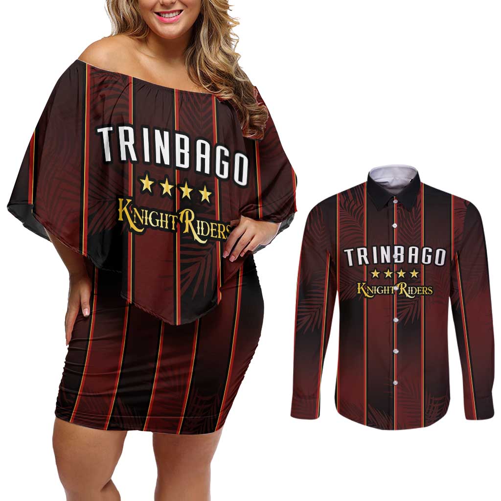 Custom Trinbago Cricket Knight Riders Couples Matching Off Shoulder Short Dress and Long Sleeve Button Shirt Palm Leaves with Vertical Stripes Sporty Style - Wonder Print Shop
