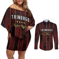 Custom Trinbago Cricket Knight Riders Couples Matching Off Shoulder Short Dress and Long Sleeve Button Shirt Palm Leaves with Vertical Stripes Sporty Style - Wonder Print Shop