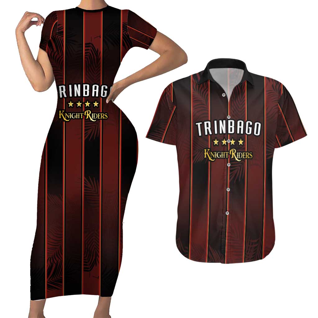 Custom Trinbago Cricket Knight Riders Couples Matching Short Sleeve Bodycon Dress and Hawaiian Shirt Palm Leaves with Vertical Stripes Sporty Style - Wonder Print Shop
