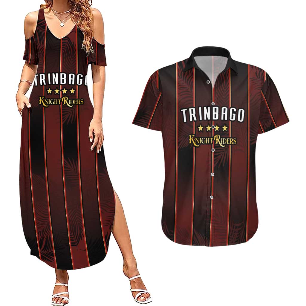 Custom Trinbago Cricket Knight Riders Couples Matching Summer Maxi Dress and Hawaiian Shirt Palm Leaves with Vertical Stripes Sporty Style - Wonder Print Shop
