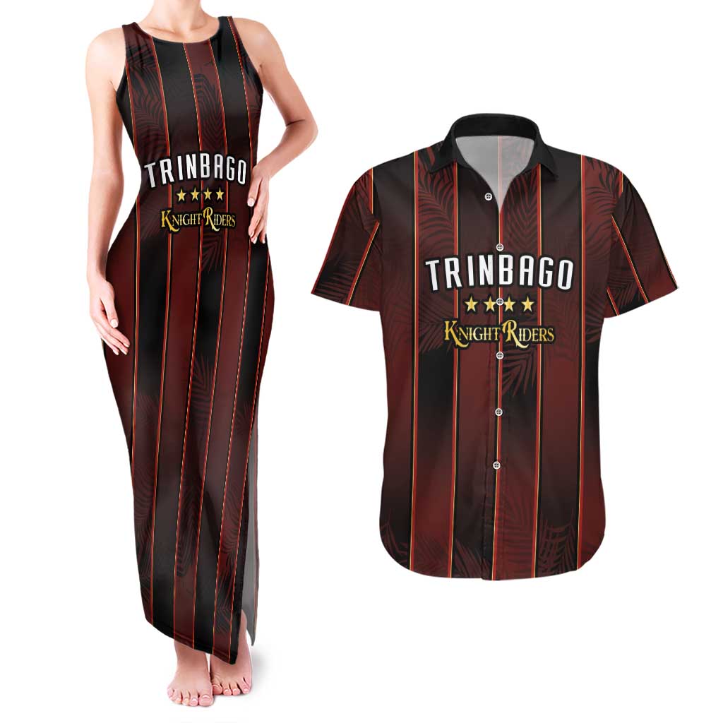 Custom Trinbago Cricket Knight Riders Couples Matching Tank Maxi Dress and Hawaiian Shirt Palm Leaves with Vertical Stripes Sporty Style - Wonder Print Shop