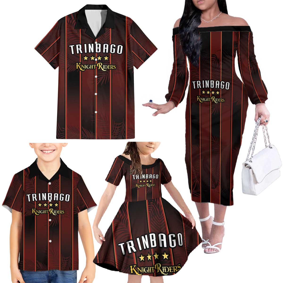 Custom Trinbago Cricket Knight Riders Family Matching Off The Shoulder Long Sleeve Dress and Hawaiian Shirt Palm Leaves with Vertical Stripes Sporty Style - Wonder Print Shop