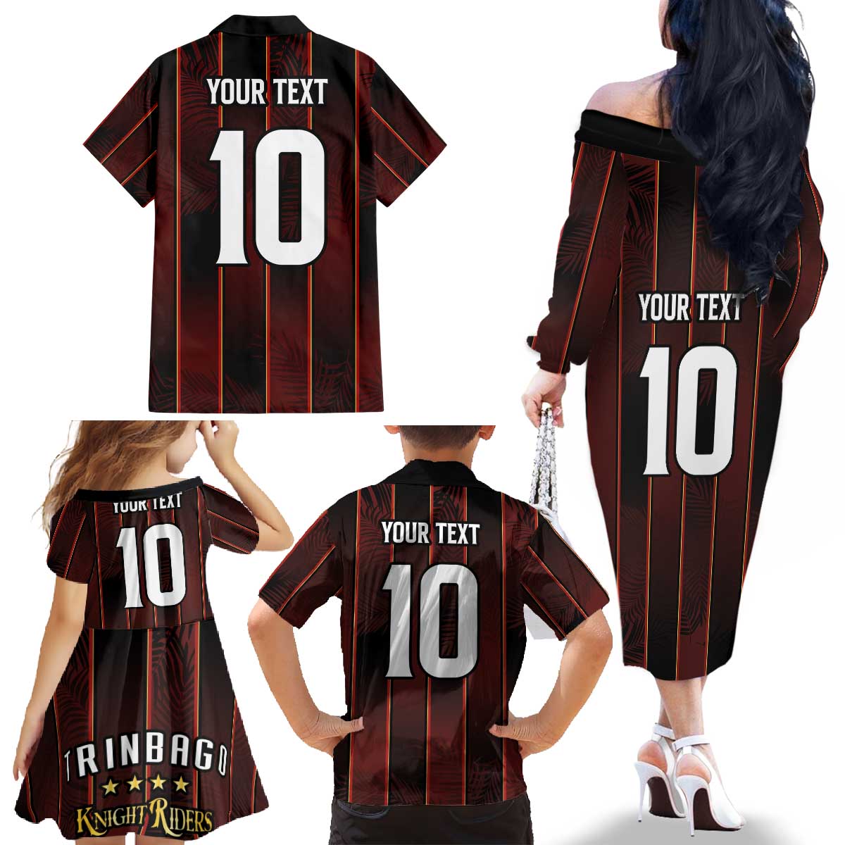 Custom Trinbago Cricket Knight Riders Family Matching Off The Shoulder Long Sleeve Dress and Hawaiian Shirt Palm Leaves with Vertical Stripes Sporty Style - Wonder Print Shop