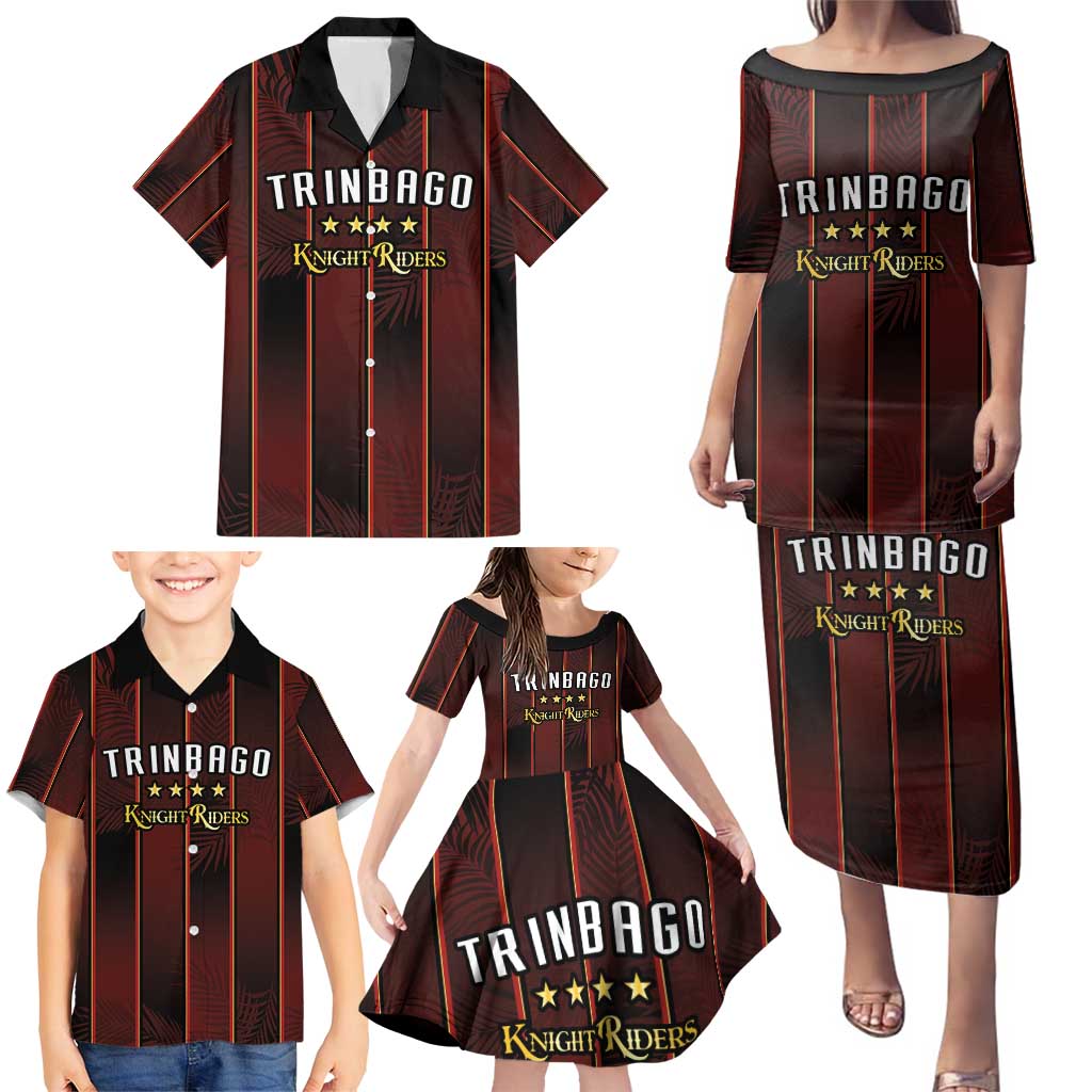 Custom Trinbago Cricket Knight Riders Family Matching Puletasi and Hawaiian Shirt Palm Leaves with Vertical Stripes Sporty Style - Wonder Print Shop
