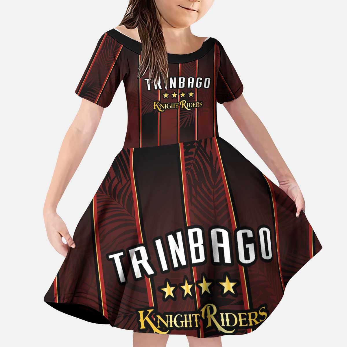 Custom Trinbago Cricket Knight Riders Kid Short Sleeve Dress Palm Leaves with Vertical Stripes Sporty Style - Wonder Print Shop