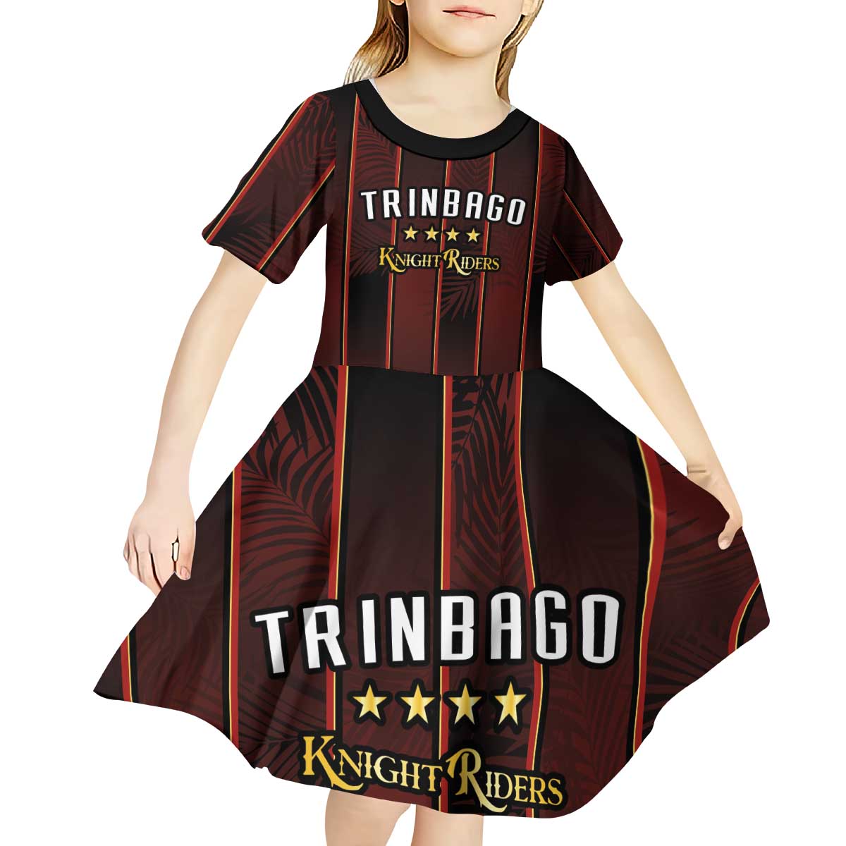 Custom Trinbago Cricket Knight Riders Kid Short Sleeve Dress Palm Leaves with Vertical Stripes Sporty Style - Wonder Print Shop