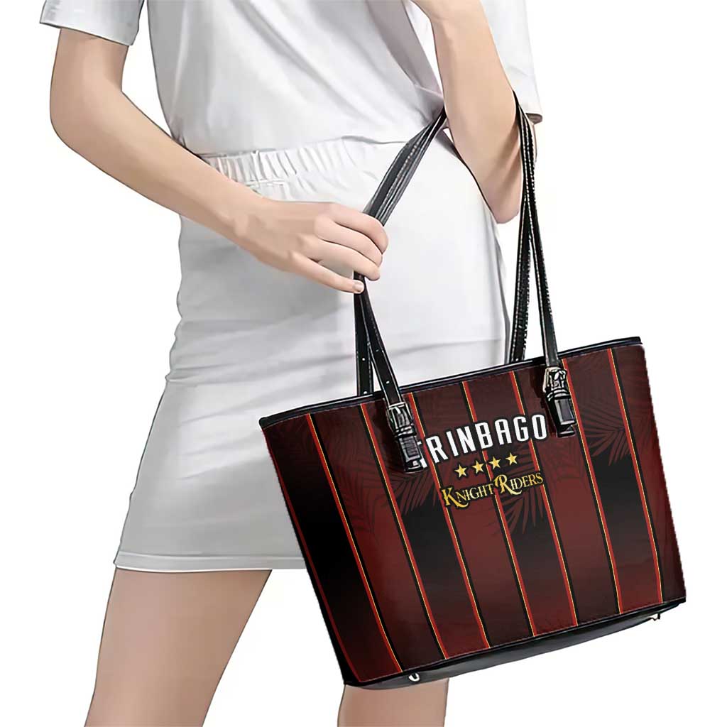 Trinbago Cricket Knight Riders Leather Tote Bag Palm Leaves with Vertical Stripes Sporty Style - Wonder Print Shop