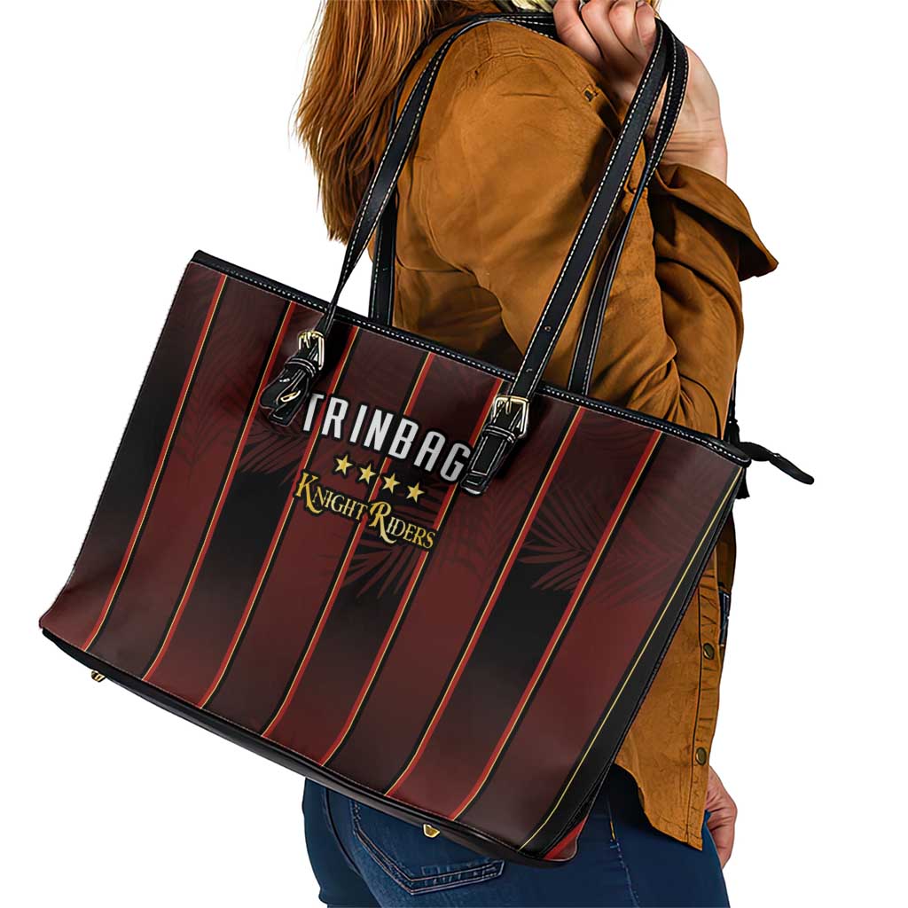 Trinbago Cricket Knight Riders Leather Tote Bag Palm Leaves with Vertical Stripes Sporty Style - Wonder Print Shop