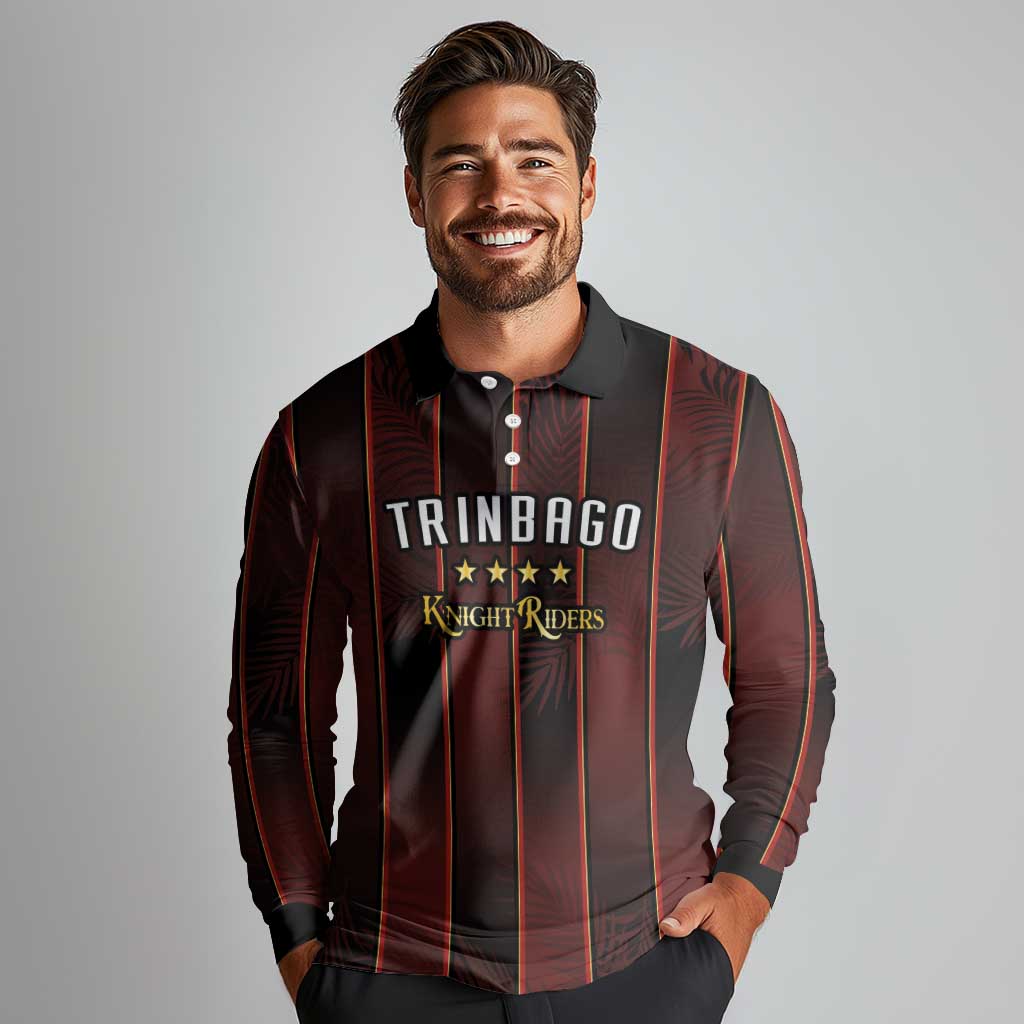 Custom Trinbago Cricket Knight Riders Long Sleeve Polo Shirt Palm Leaves with Vertical Stripes Sporty Style - Wonder Print Shop