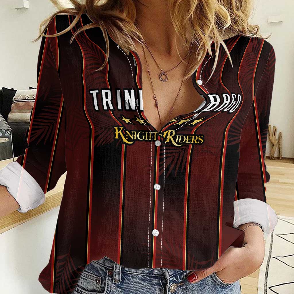 Custom Trinbago Cricket Knight Riders Women Casual Shirt Palm Leaves with Vertical Stripes Sporty Style - Wonder Print Shop