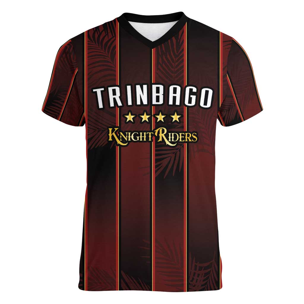 Custom Trinbago Cricket Knight Riders Women V-Neck T-Shirt Palm Leaves with Vertical Stripes Sporty Style - Wonder Print Shop
