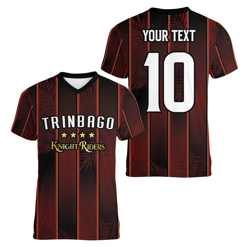 Custom Trinbago Cricket Knight Riders Women V-Neck T-Shirt Palm Leaves with Vertical Stripes Sporty Style - Wonder Print Shop