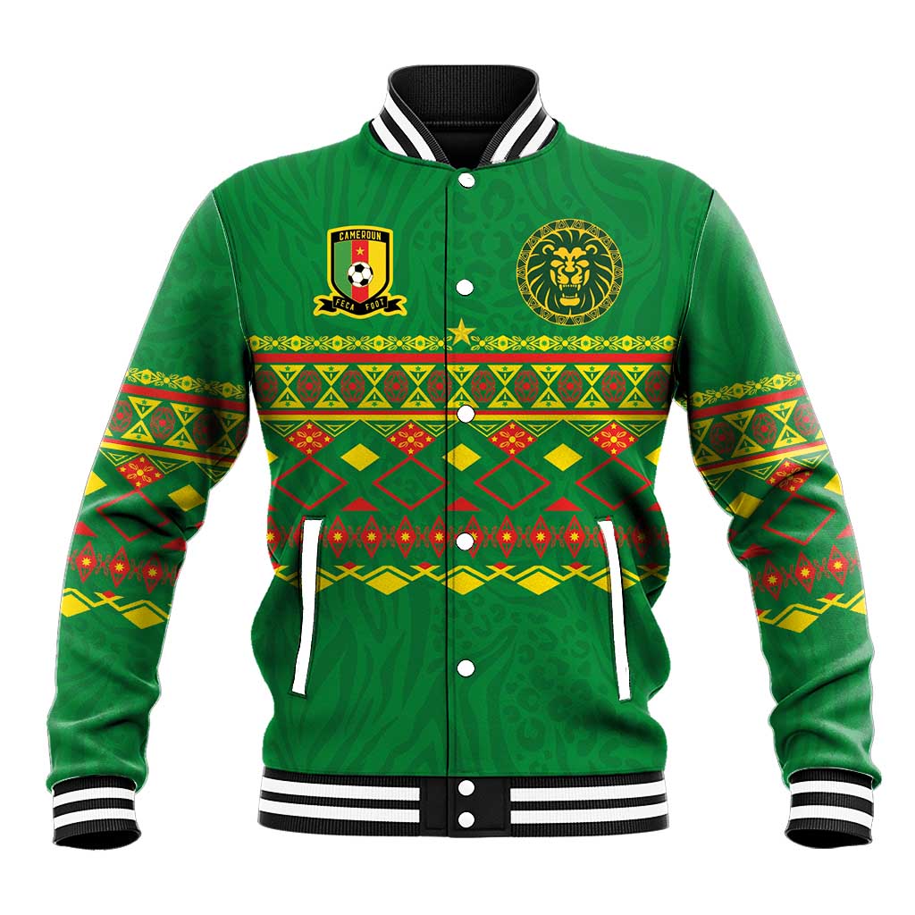 Custom Cameroon Football Baseball Jacket Tribal Motifs Green Color - Wonder Print Shop