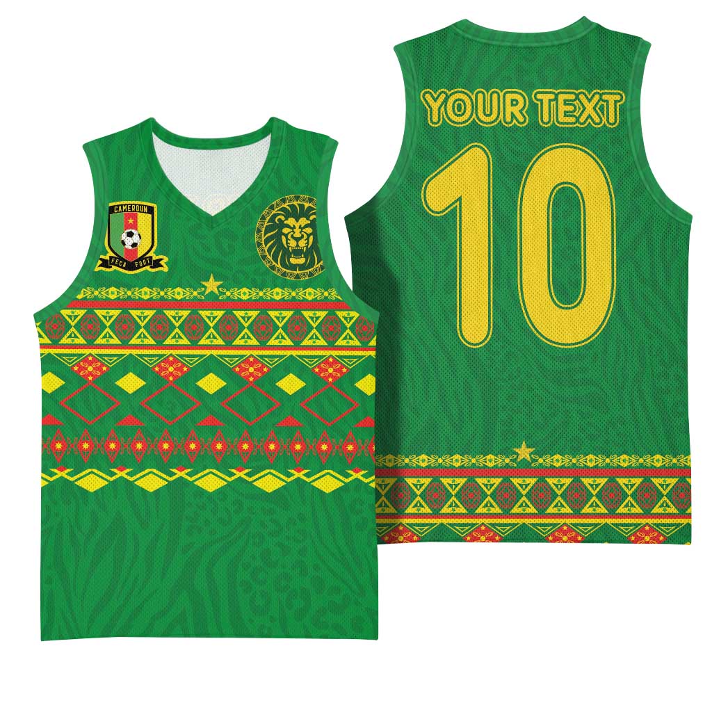 Custom Cameroon Football Basketball Jersey Tribal Motifs Green Color - Wonder Print Shop