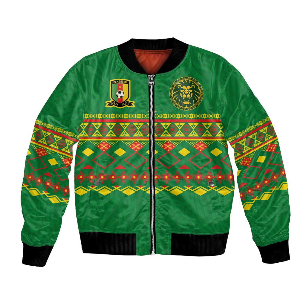 Custom Cameroon Football Bomber Jacket Tribal Motifs Green Color - Wonder Print Shop