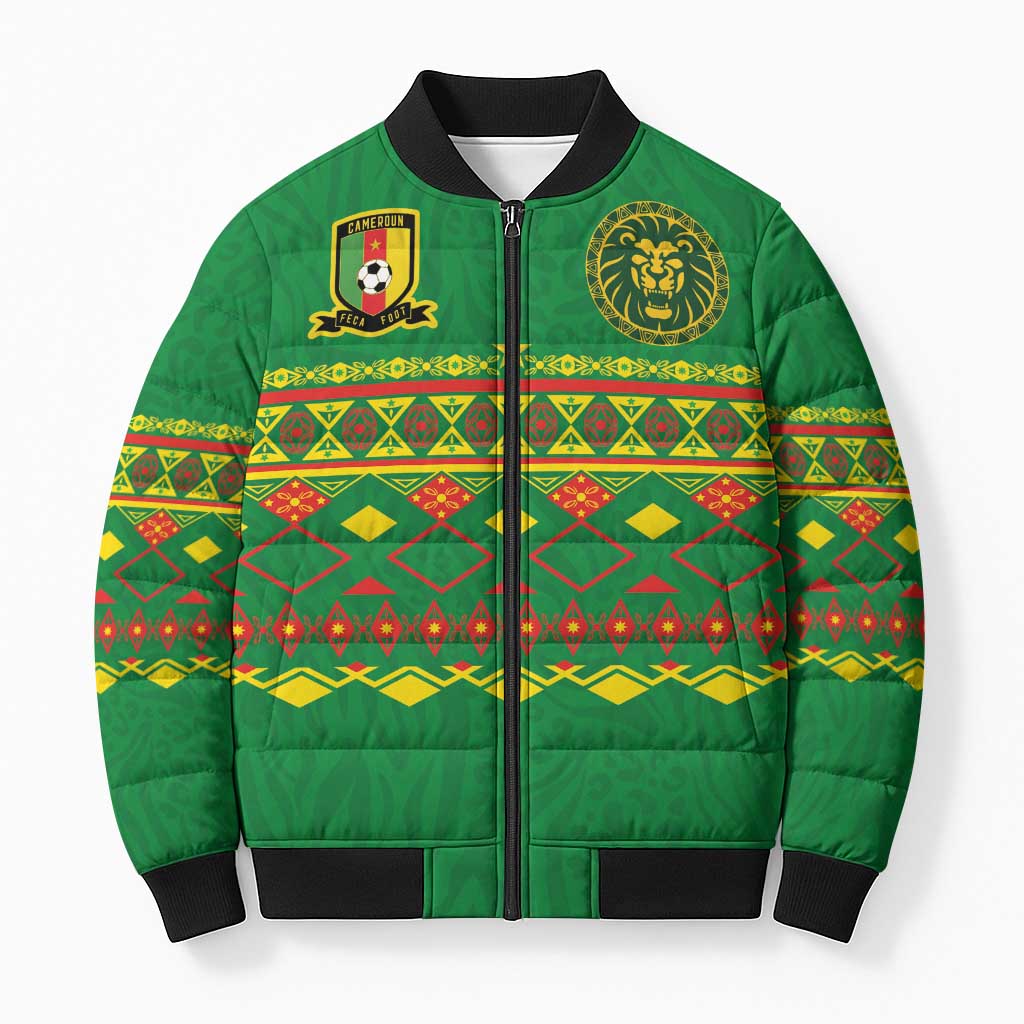 Custom Cameroon Football Bomber Puffer Jacket Tribal Motifs Green Color - Wonder Print Shop