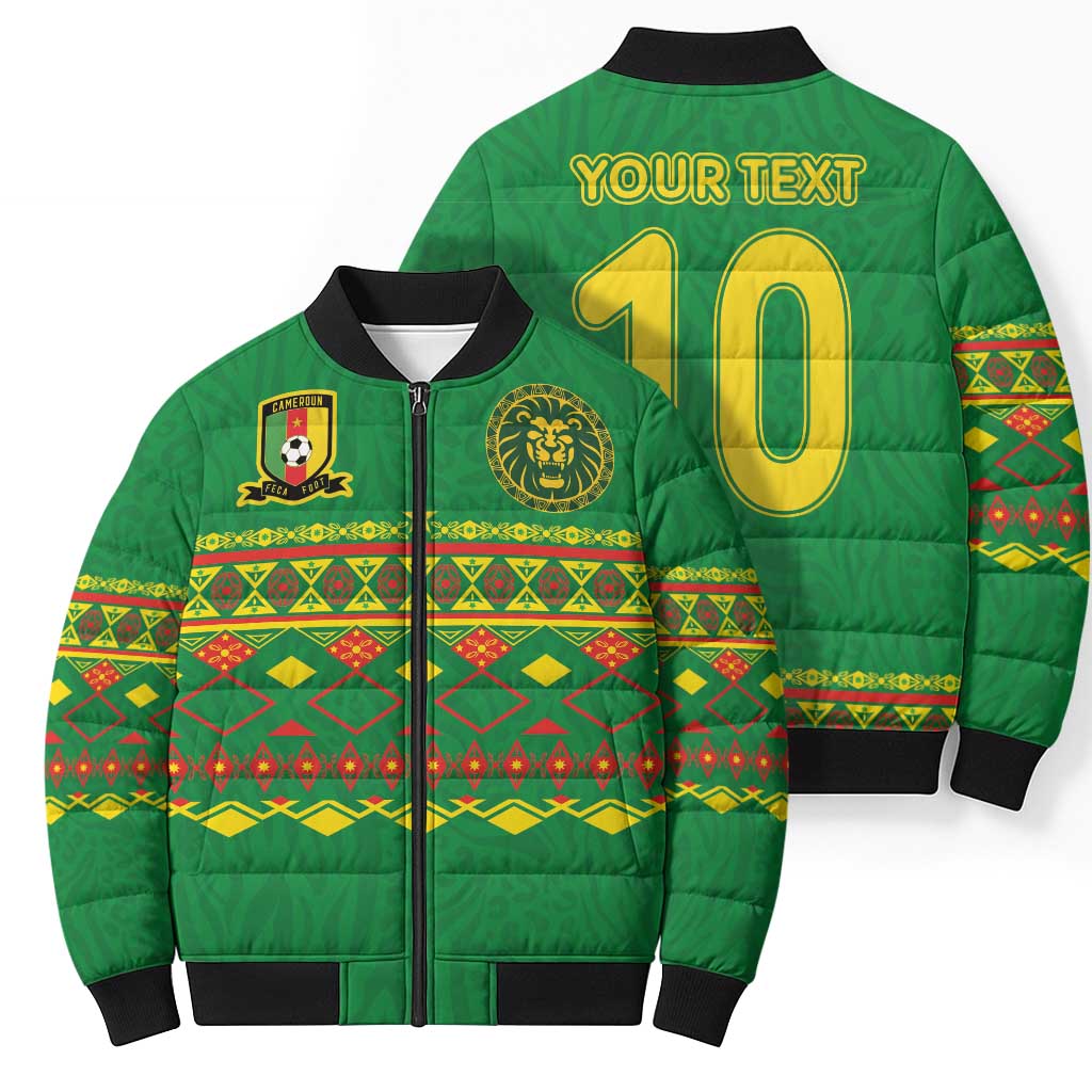 Custom Cameroon Football Bomber Puffer Jacket Tribal Motifs Green Color - Wonder Print Shop