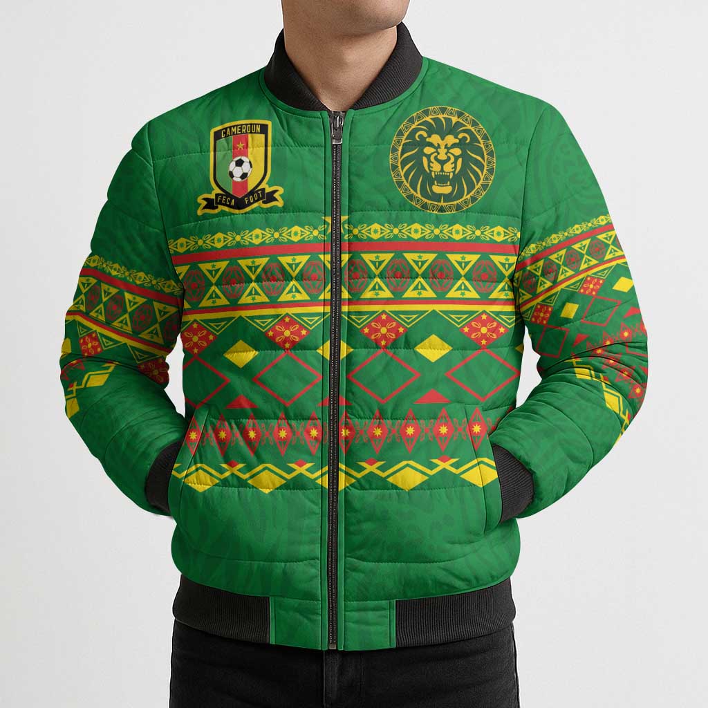Custom Cameroon Football Bomber Puffer Jacket Tribal Motifs Green Color - Wonder Print Shop