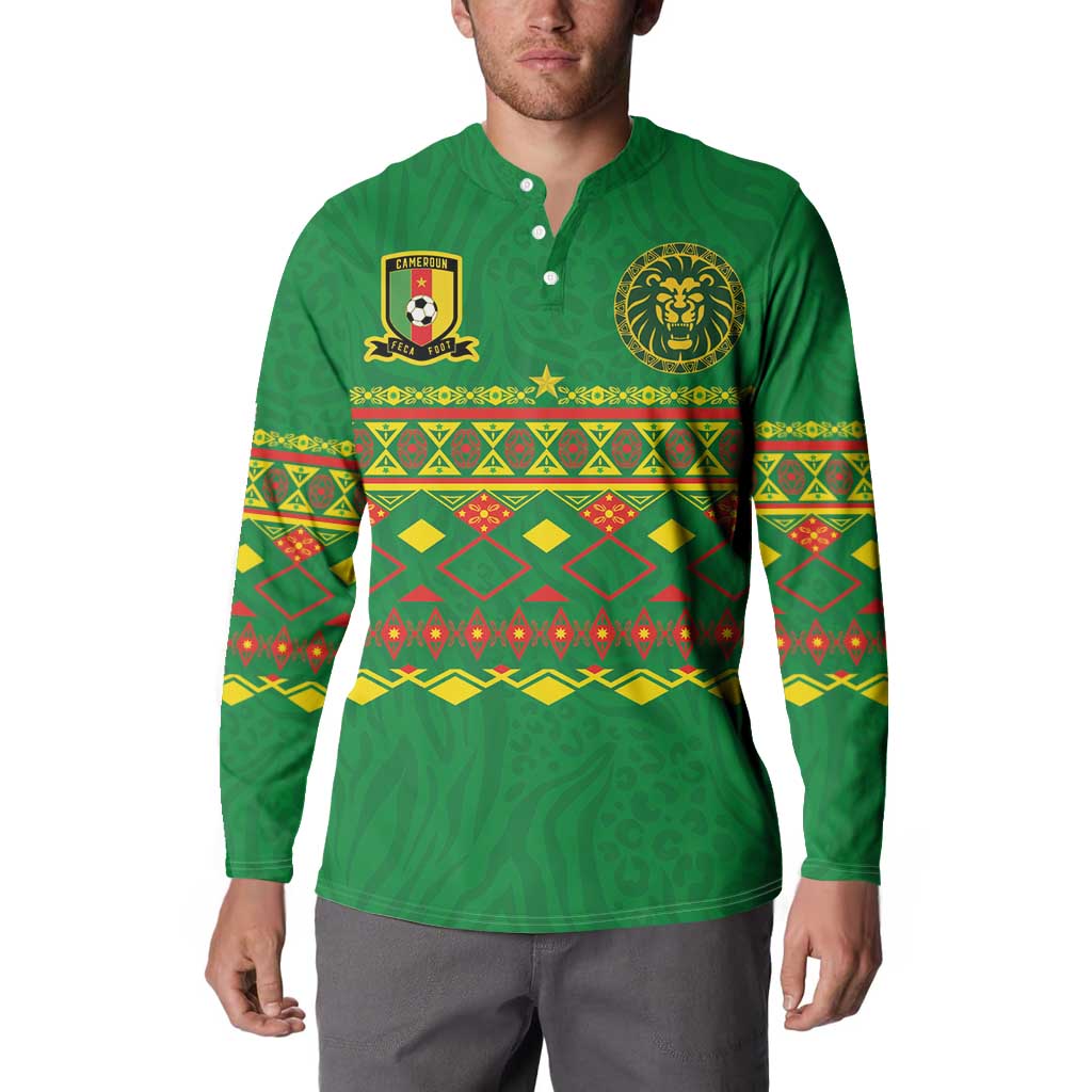 Custom Cameroon Football Button Sweatshirt Tribal Motifs Green Color - Wonder Print Shop