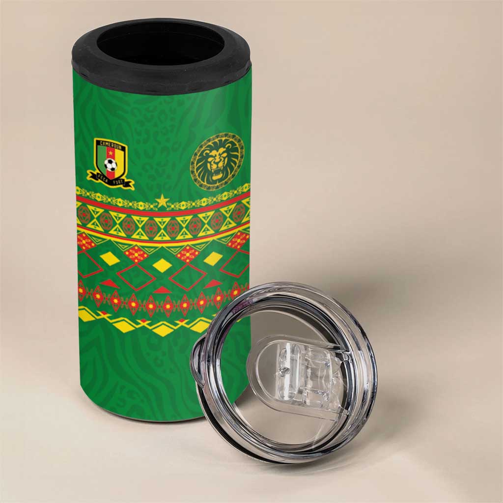 Custom Cameroon Football 4 in 1 Can Cooler Tumbler Tribal Motifs Green Color - Wonder Print Shop