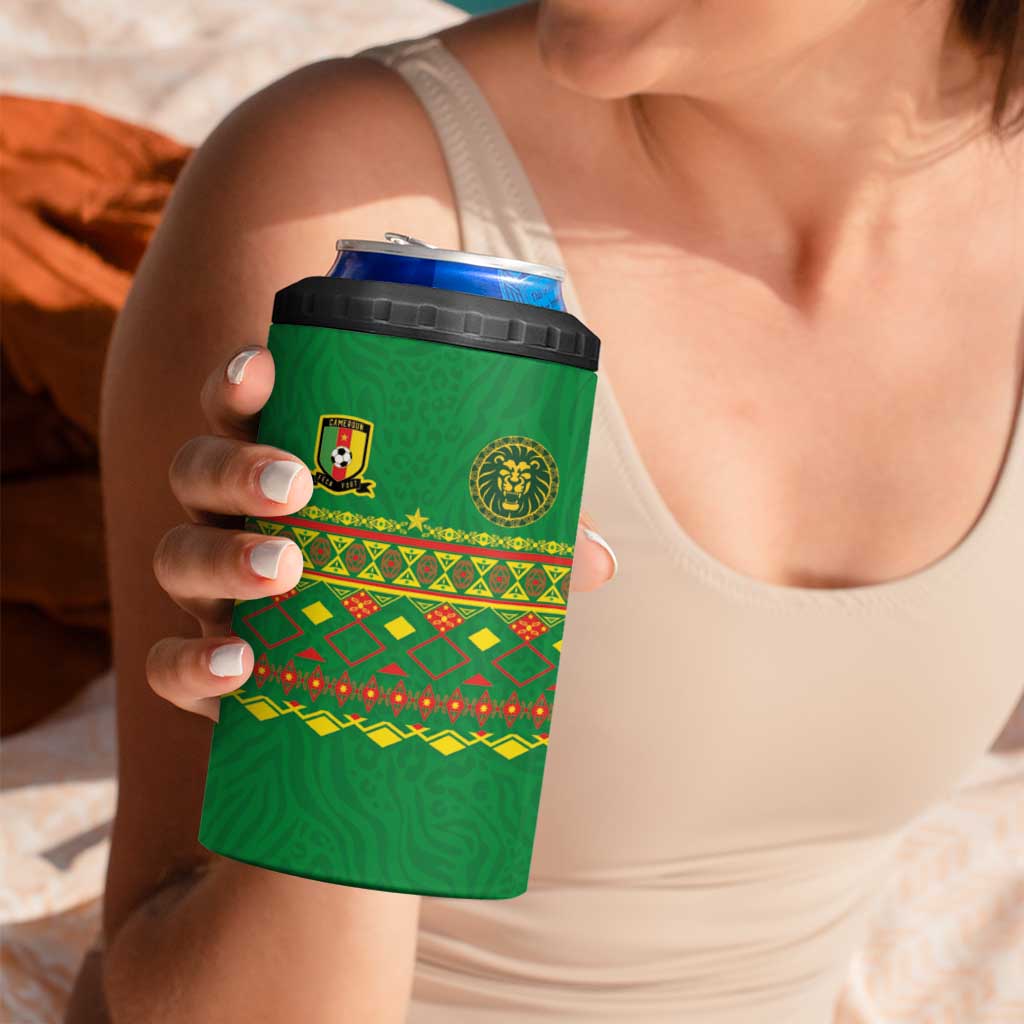 Custom Cameroon Football 4 in 1 Can Cooler Tumbler Tribal Motifs Green Color - Wonder Print Shop