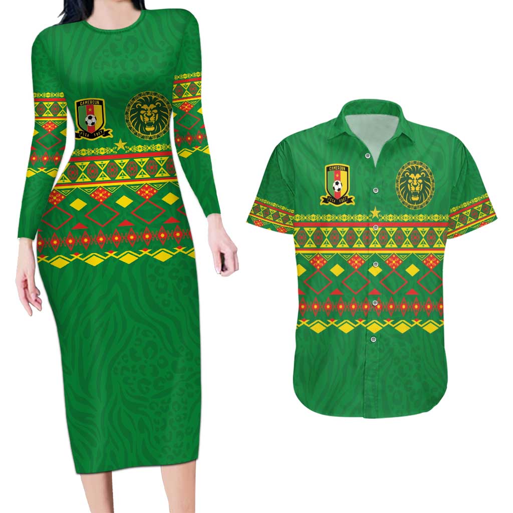 Custom Cameroon Football Couples Matching Long Sleeve Bodycon Dress and Hawaiian Shirt Tribal Motifs Green Color - Wonder Print Shop