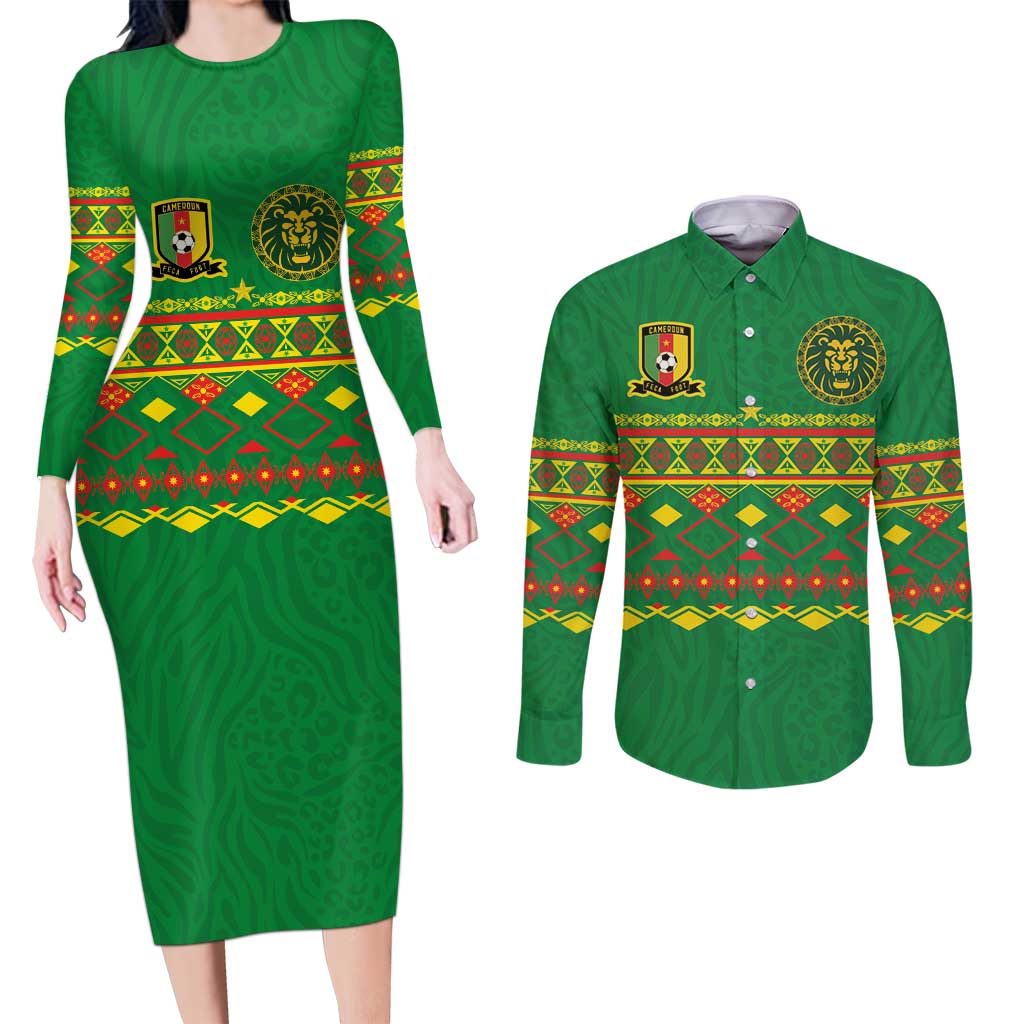 Custom Cameroon Football Couples Matching Long Sleeve Bodycon Dress and Long Sleeve Button Shirt Tribal Motifs Green Color - Wonder Print Shop