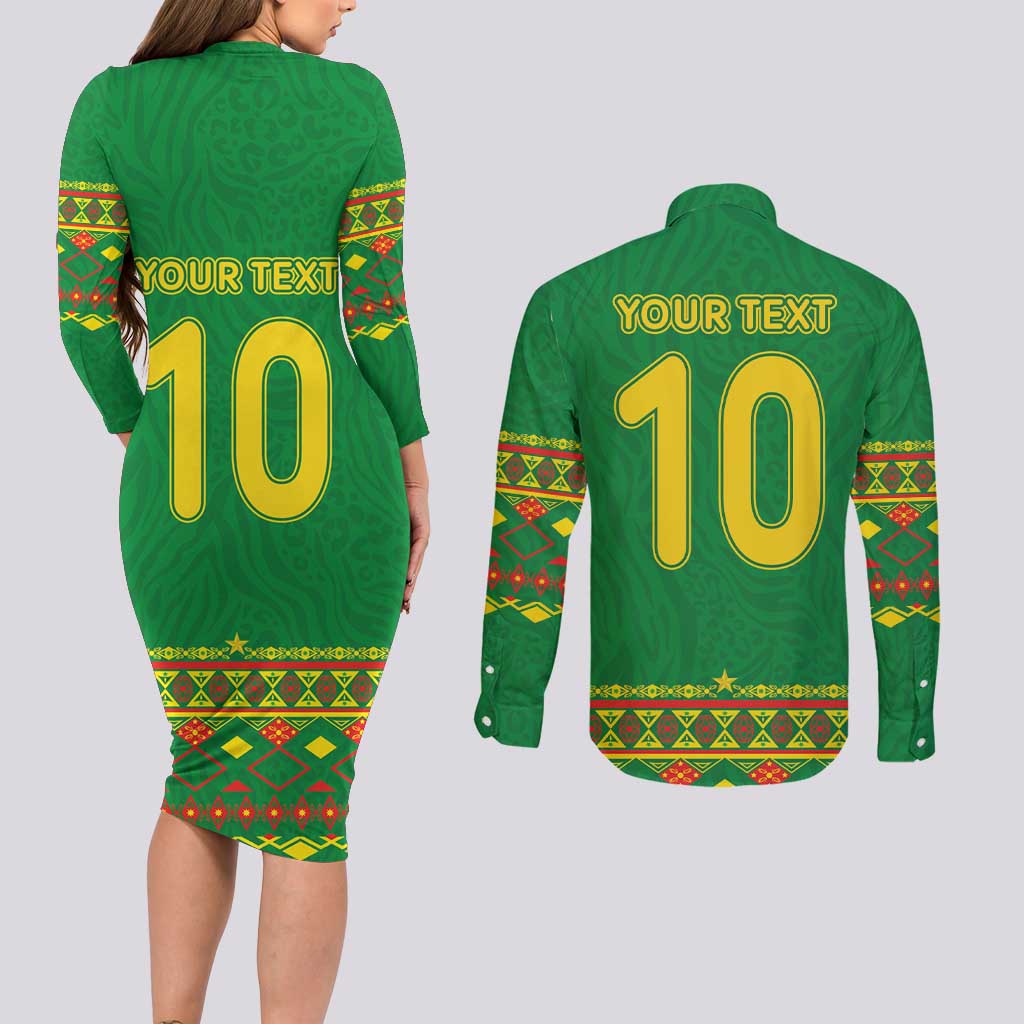 Custom Cameroon Football Couples Matching Long Sleeve Bodycon Dress and Long Sleeve Button Shirt Tribal Motifs Green Color - Wonder Print Shop