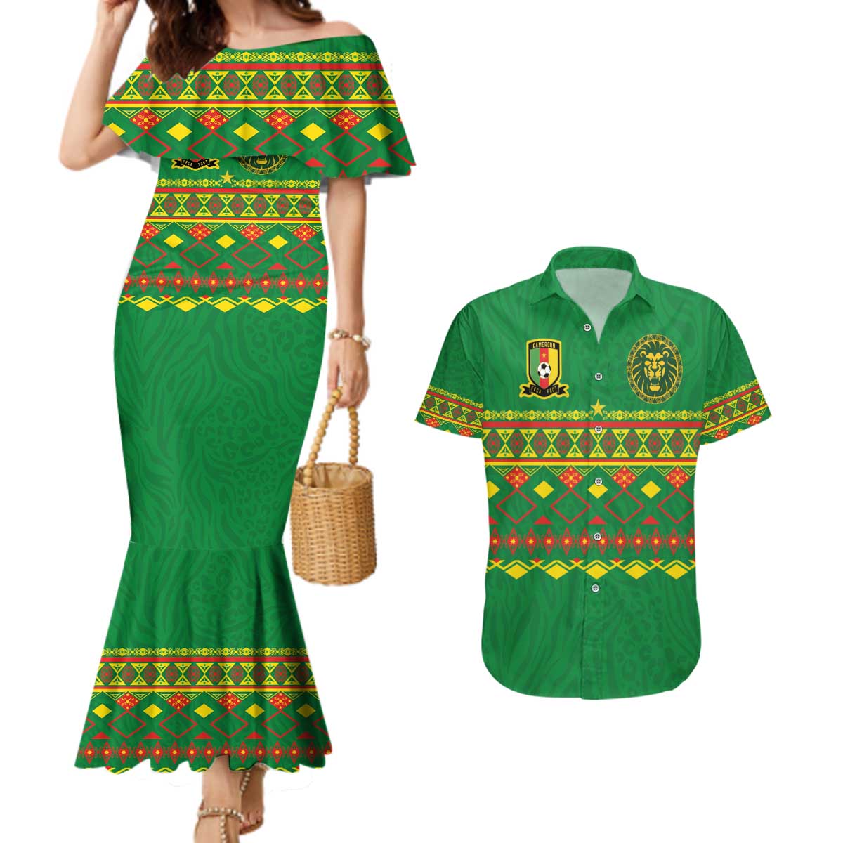 Custom Cameroon Football Couples Matching Mermaid Dress and Hawaiian Shirt Tribal Motifs Green Color - Wonder Print Shop