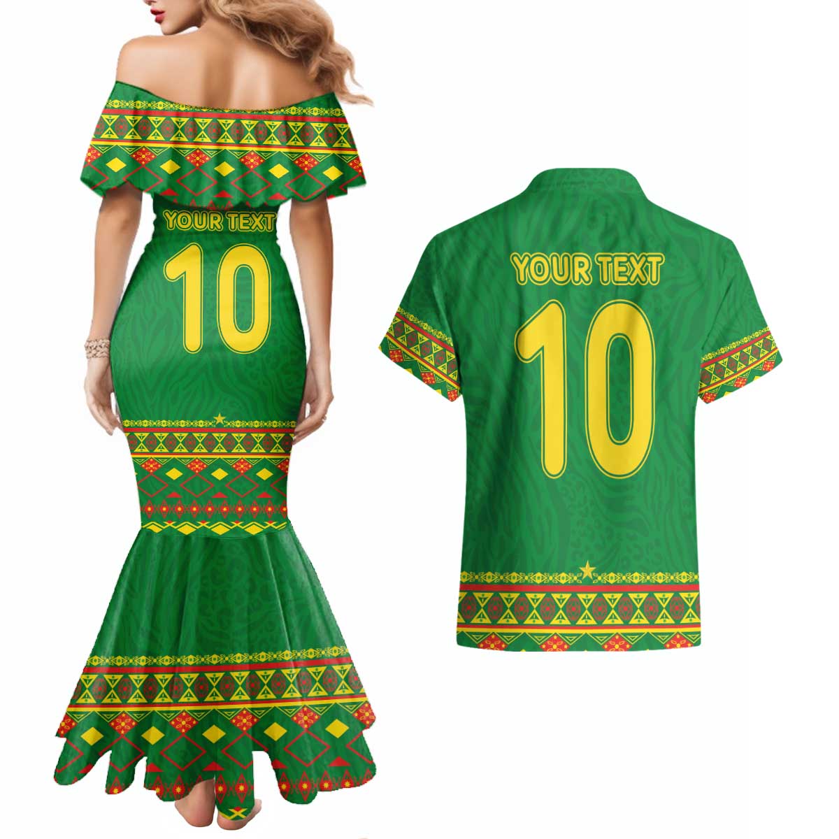Custom Cameroon Football Couples Matching Mermaid Dress and Hawaiian Shirt Tribal Motifs Green Color - Wonder Print Shop