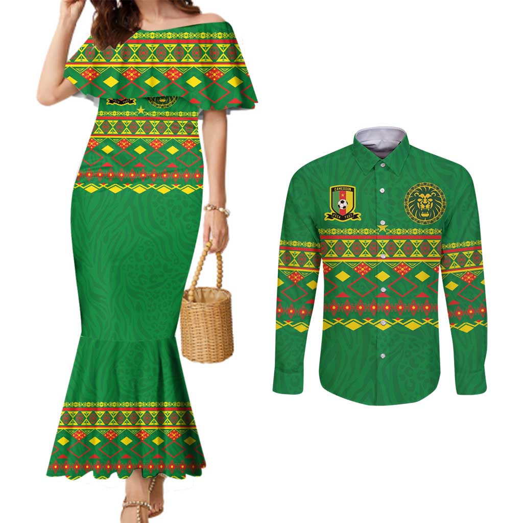 Custom Cameroon Football Couples Matching Mermaid Dress and Long Sleeve Button Shirt Tribal Motifs Green Color - Wonder Print Shop