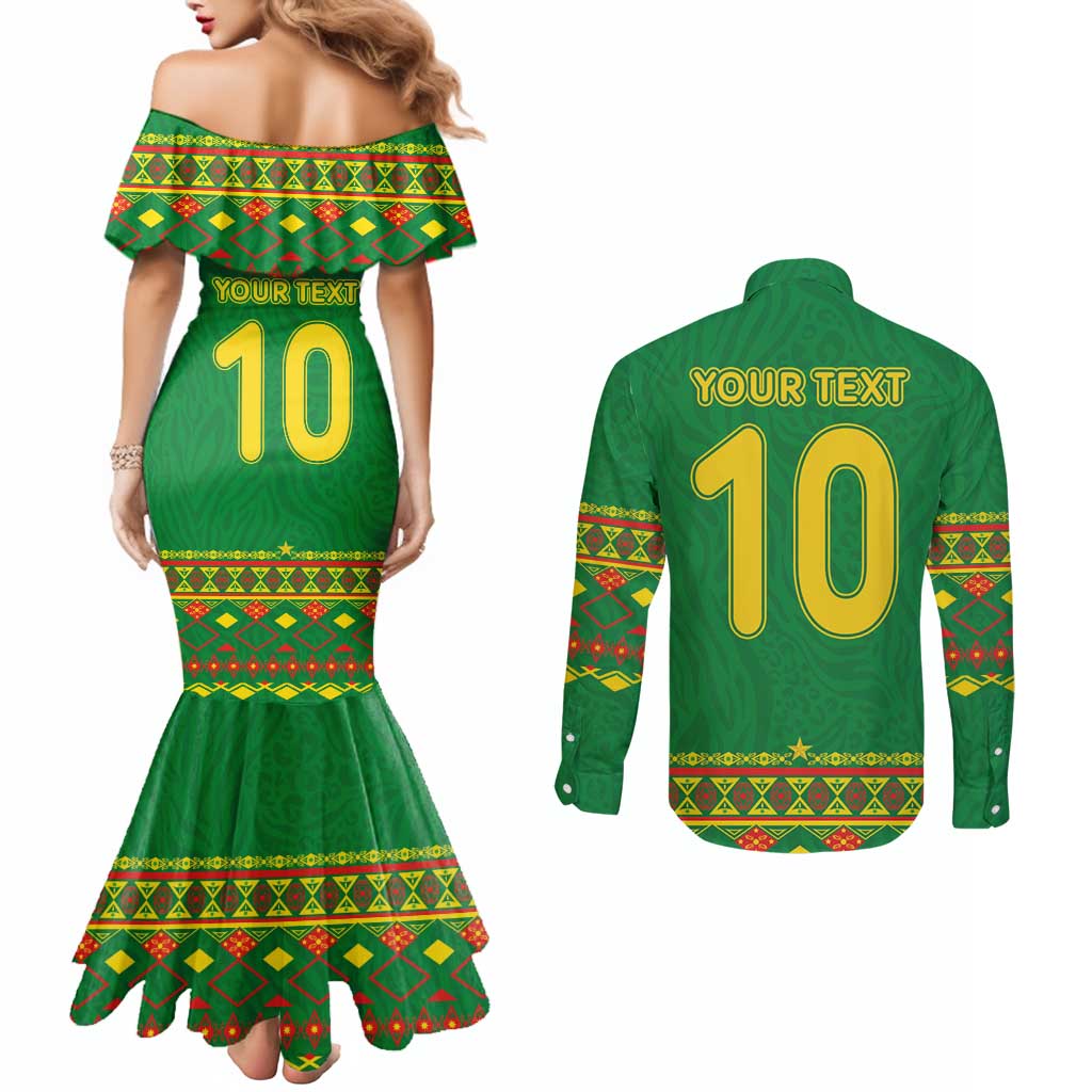 Custom Cameroon Football Couples Matching Mermaid Dress and Long Sleeve Button Shirt Tribal Motifs Green Color - Wonder Print Shop