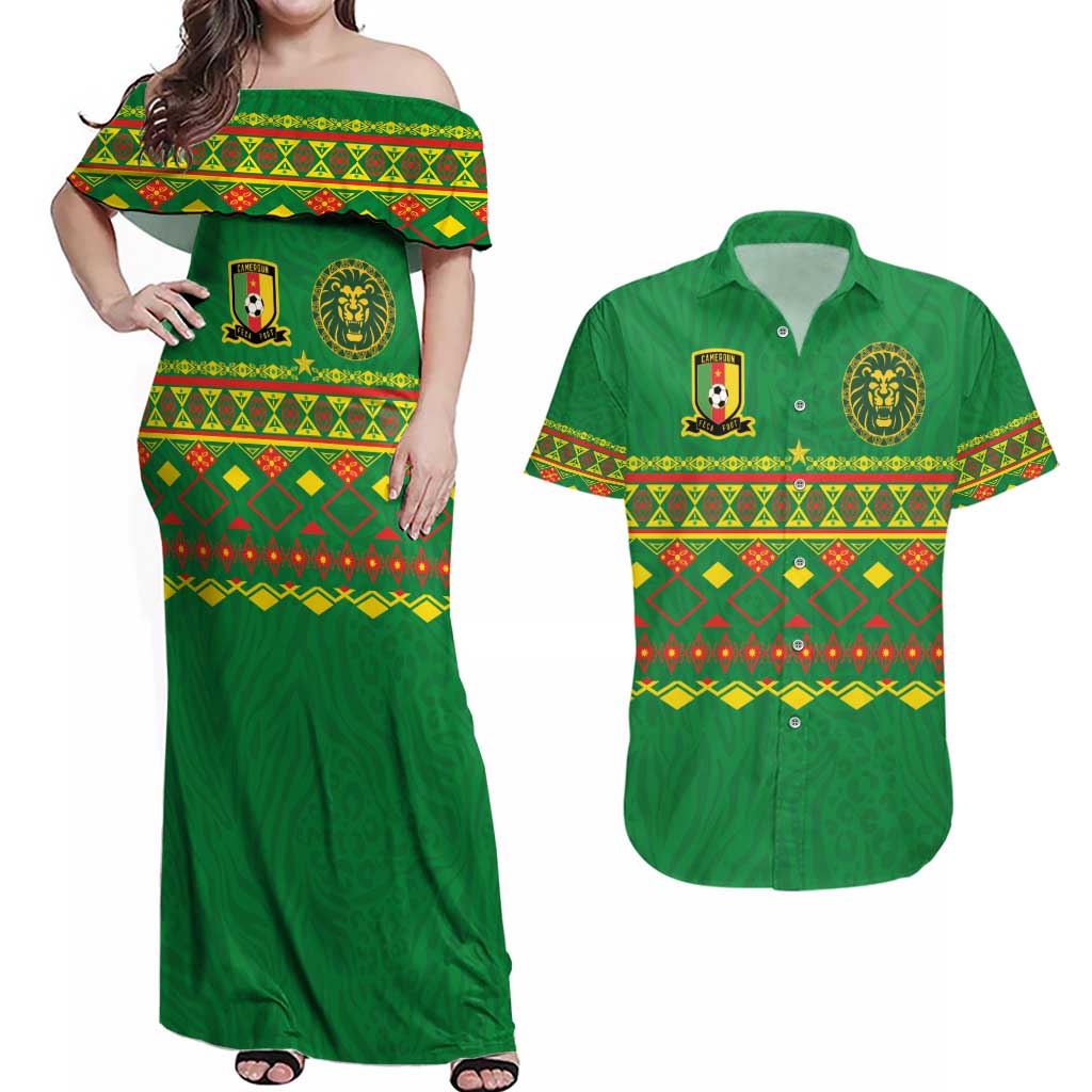 Custom Cameroon Football Couples Matching Off Shoulder Maxi Dress and Hawaiian Shirt Tribal Motifs Green Color - Wonder Print Shop