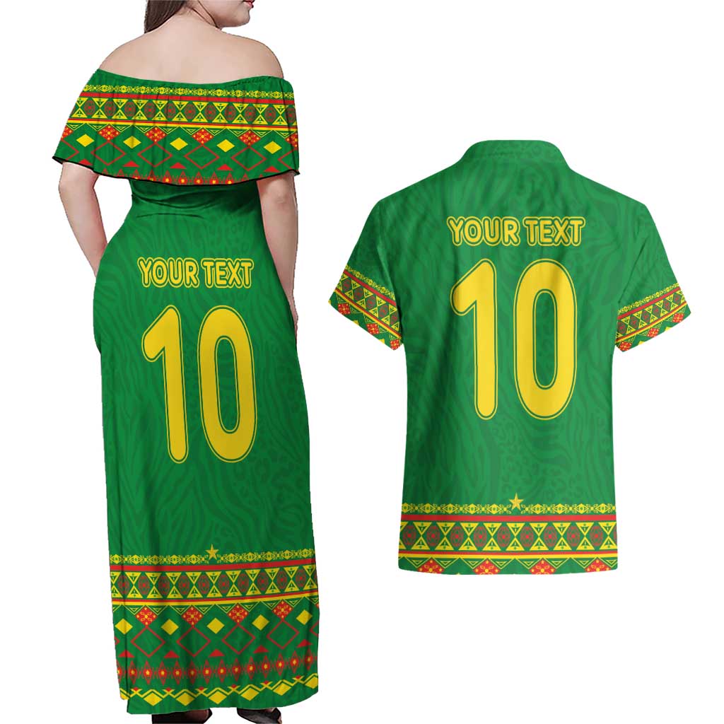 Custom Cameroon Football Couples Matching Off Shoulder Maxi Dress and Hawaiian Shirt Tribal Motifs Green Color - Wonder Print Shop
