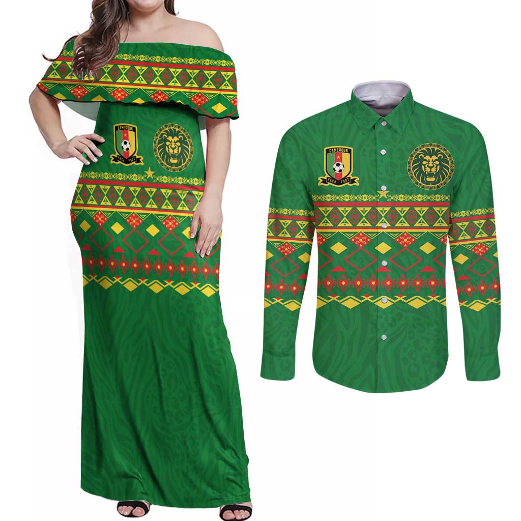 Custom Cameroon Football Couples Matching Off Shoulder Maxi Dress and Long Sleeve Button Shirt Tribal Motifs Green Color - Wonder Print Shop