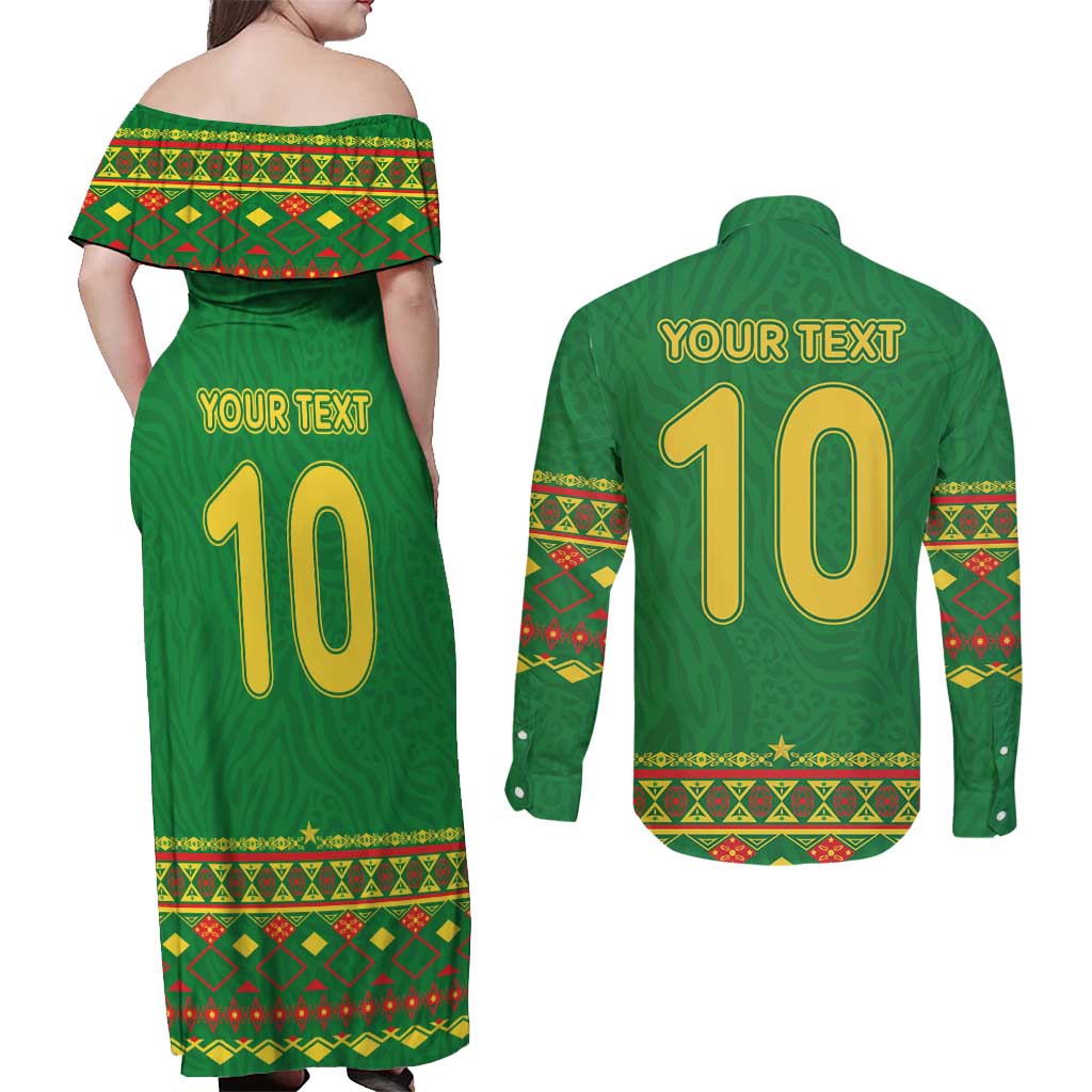 Custom Cameroon Football Couples Matching Off Shoulder Maxi Dress and Long Sleeve Button Shirt Tribal Motifs Green Color - Wonder Print Shop