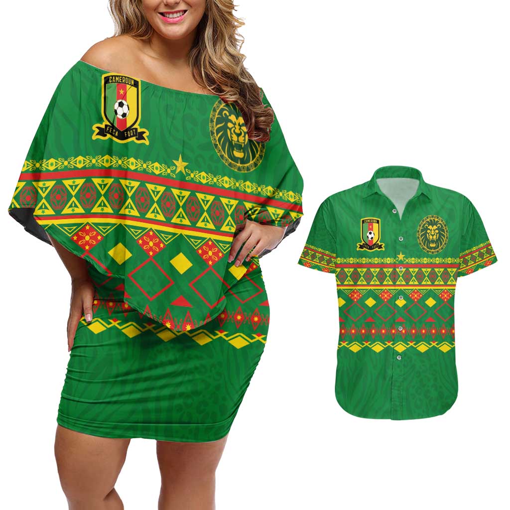 Custom Cameroon Football Couples Matching Off Shoulder Short Dress and Hawaiian Shirt Tribal Motifs Green Color - Wonder Print Shop