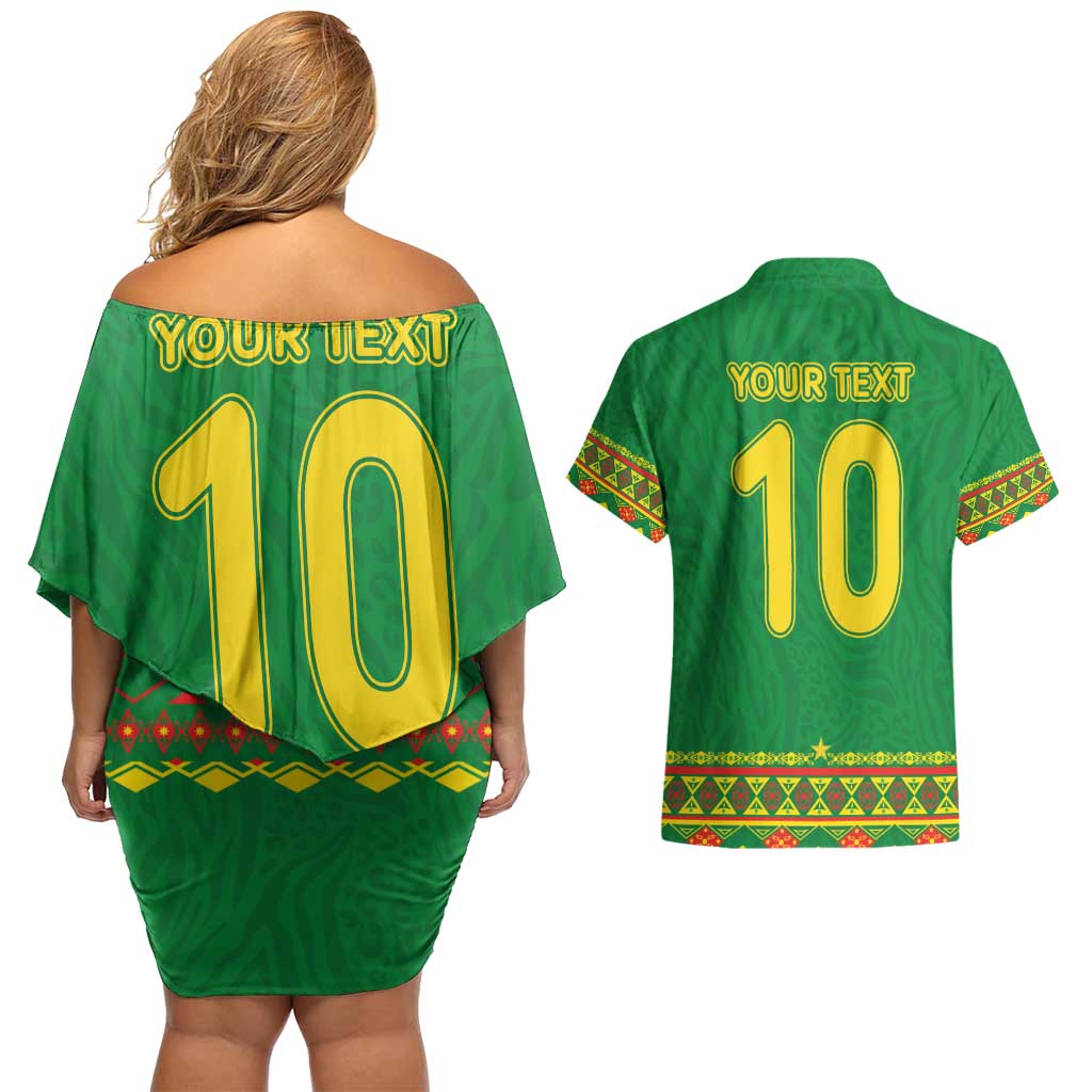 Custom Cameroon Football Couples Matching Off Shoulder Short Dress and Hawaiian Shirt Tribal Motifs Green Color - Wonder Print Shop