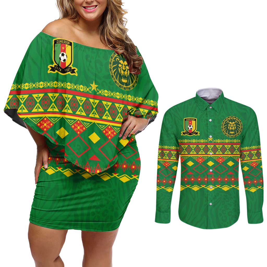 Custom Cameroon Football Couples Matching Off Shoulder Short Dress and Long Sleeve Button Shirt Tribal Motifs Green Color - Wonder Print Shop