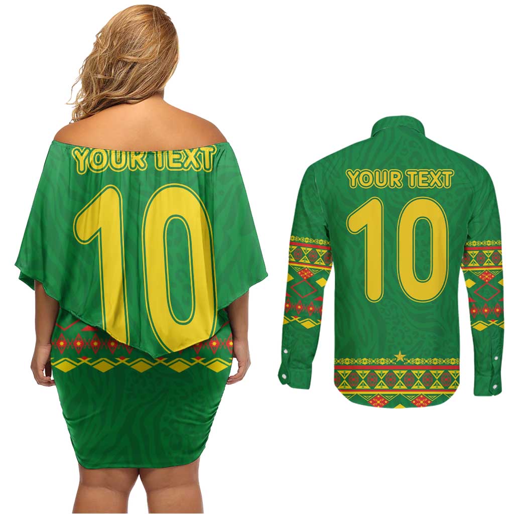 Custom Cameroon Football Couples Matching Off Shoulder Short Dress and Long Sleeve Button Shirt Tribal Motifs Green Color - Wonder Print Shop