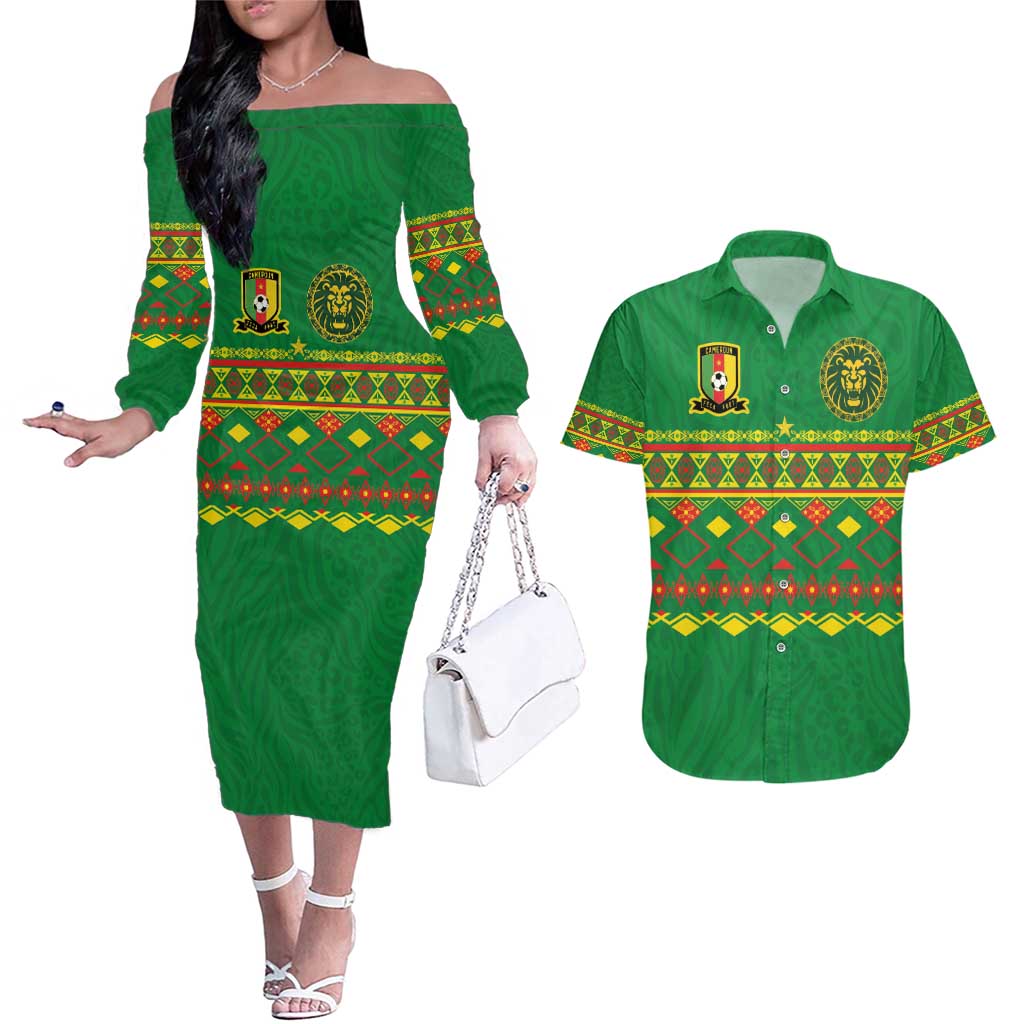 Custom Cameroon Football Couples Matching Off The Shoulder Long Sleeve Dress and Hawaiian Shirt Tribal Motifs Green Color - Wonder Print Shop