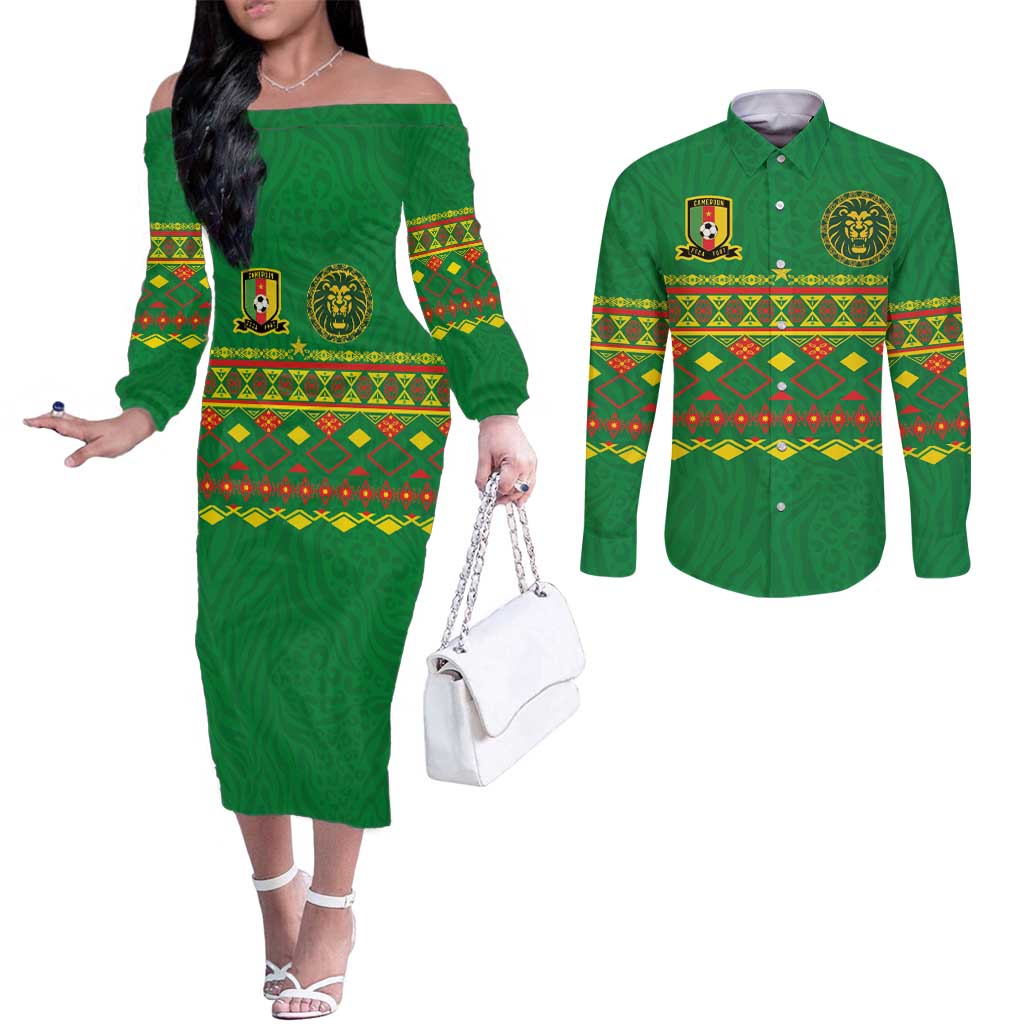 Custom Cameroon Football Couples Matching Off The Shoulder Long Sleeve Dress and Long Sleeve Button Shirt Tribal Motifs Green Color - Wonder Print Shop