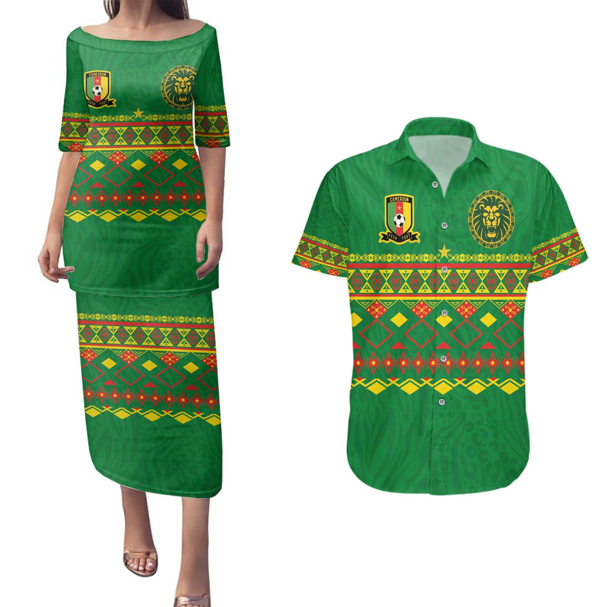 Custom Cameroon Football Couples Matching Puletasi and Hawaiian Shirt Tribal Motifs Green Color - Wonder Print Shop
